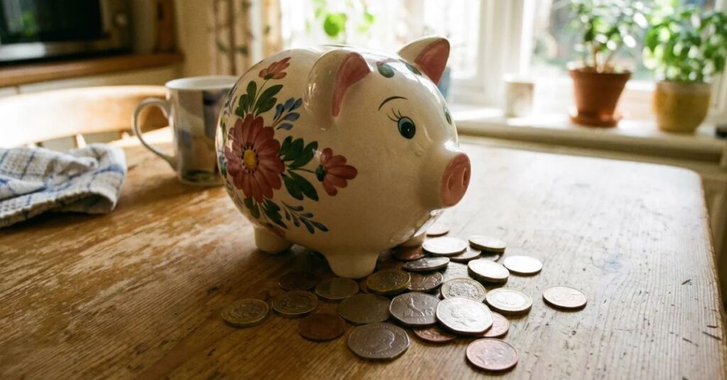 piggy bank on a table with coins around