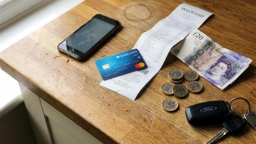 Phone, debit card, supermarket receipt, notes and coins on a kitchen worktop, illustrating UK cashback earnings of 700 to 1300 pounds a year