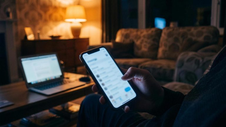 Person checking a cashback app on their phone on the sofa at night, illustrating cashback that has not tracked