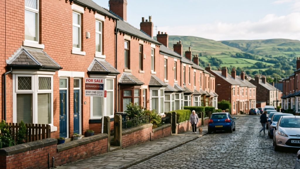 Red-brick terraced street with an estate agent for sale board