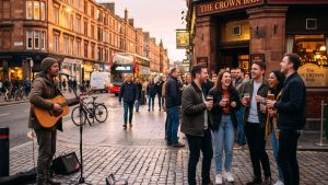 People chatting outside a pub on a lively UK city street in the evening