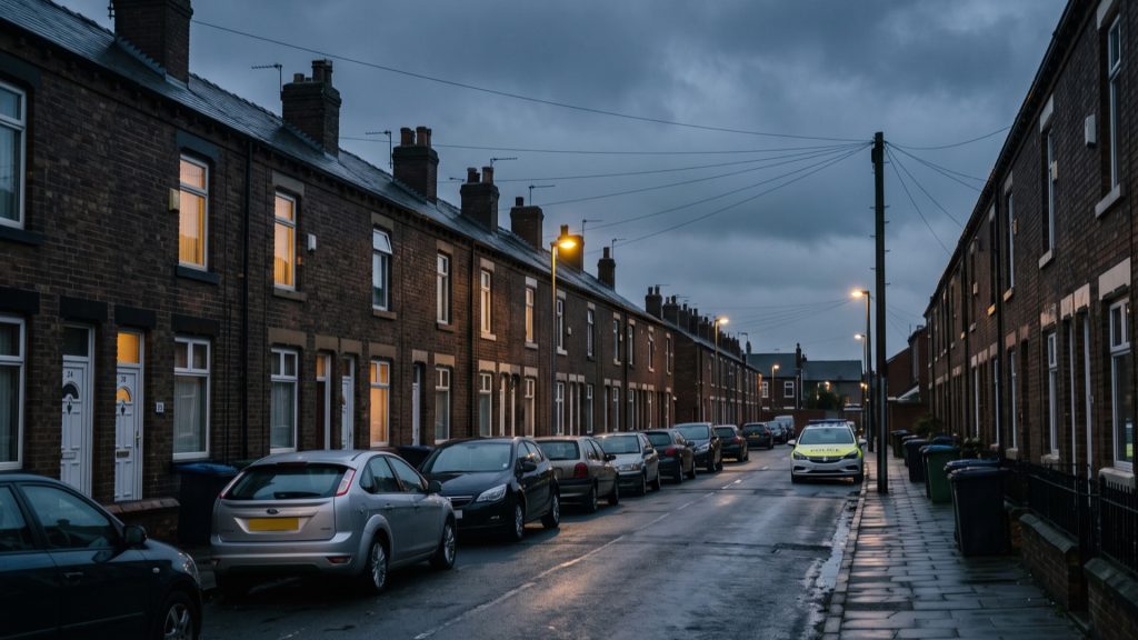 Terraced street in northern England at dusk with a police car parked at the end