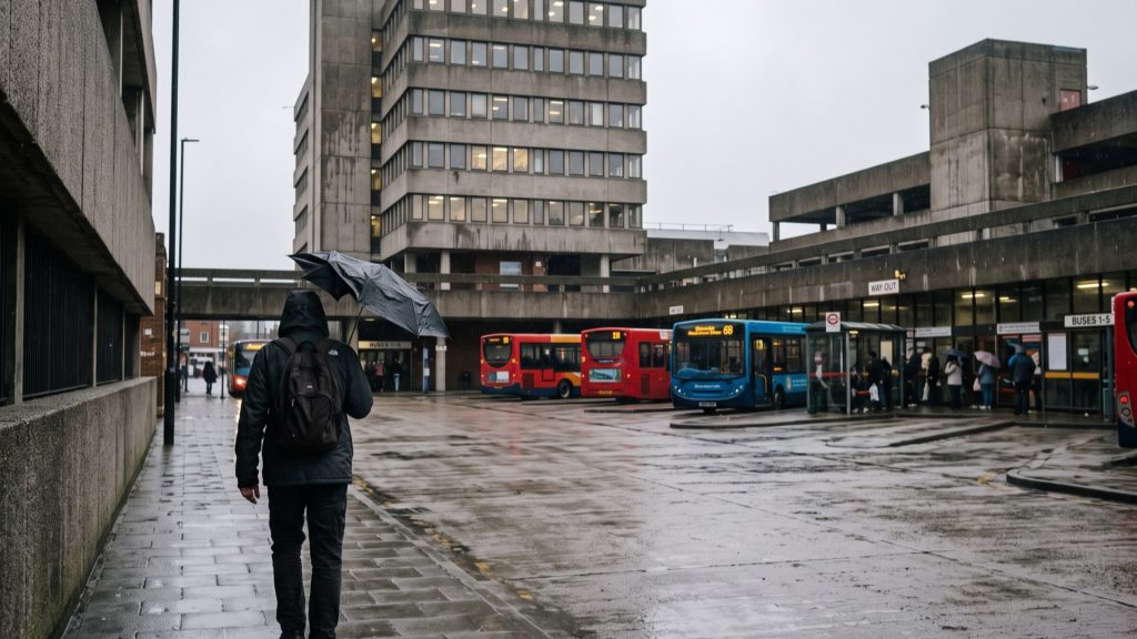 Grey rainy town centre with office blocks and a lone figure with an umbrella