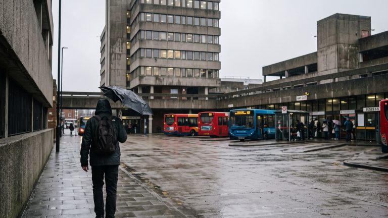 Grey rainy town centre with office blocks and a lone figure with an umbrella