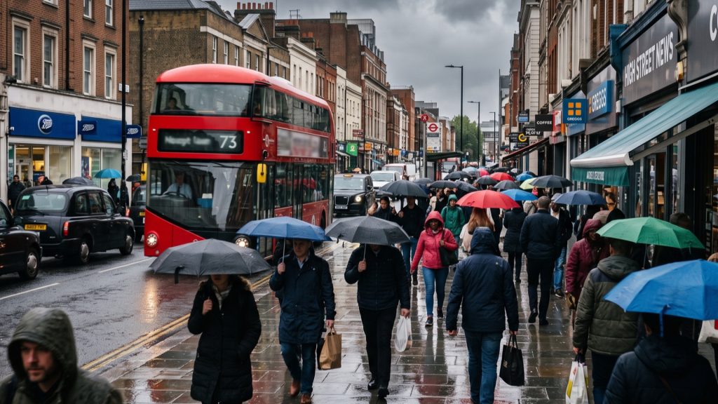 Crowded rainy UK high street with commuters and umbrellas