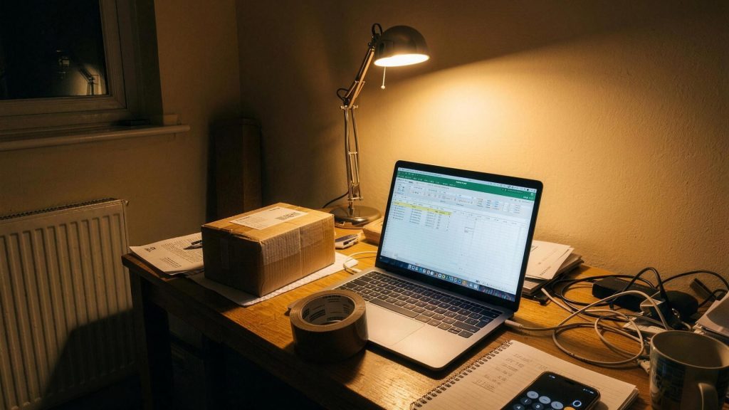 Home desk at night with a laptop, a parcel to post and handwritten figures on a notepad, illustrating side hustle tax in the UK