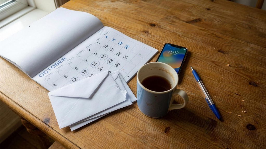 Wall calendar with dates circled in biro next to unopened bills on a kitchen table, illustrating sinking funds for predictable annual costs