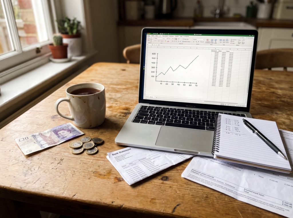 Kitchen table with a laptop showing a chart, a notepad of figures, pound coins and a twenty pound note