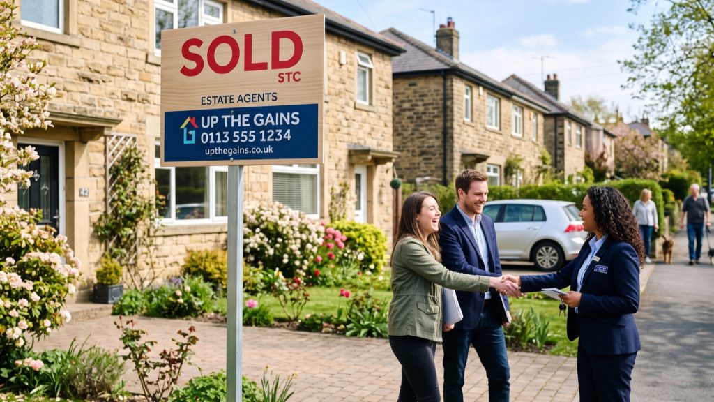 Sold estate agent board in front of a suburban UK street