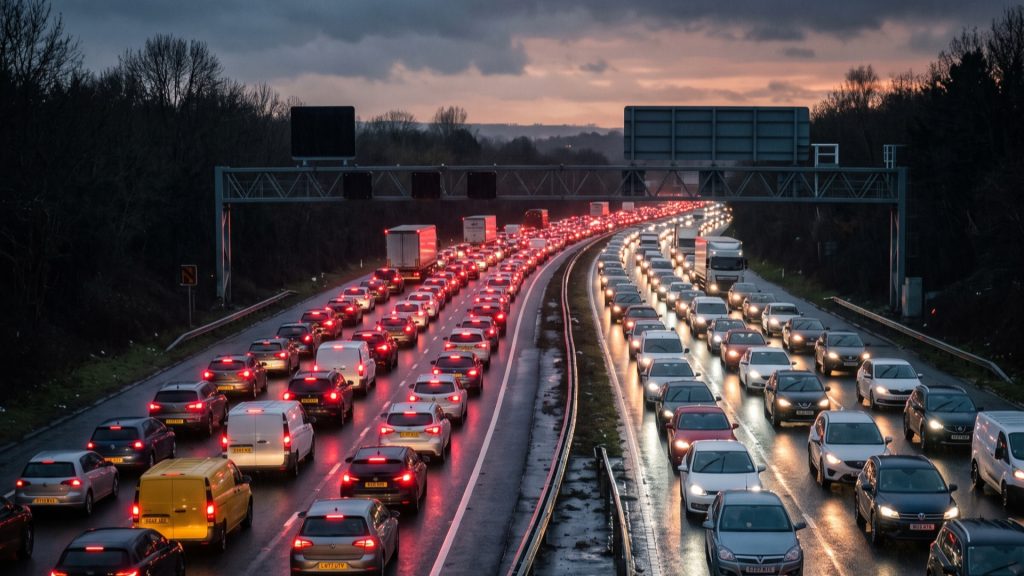 Queue of cars with brake lights on a gridlocked UK road at dusk