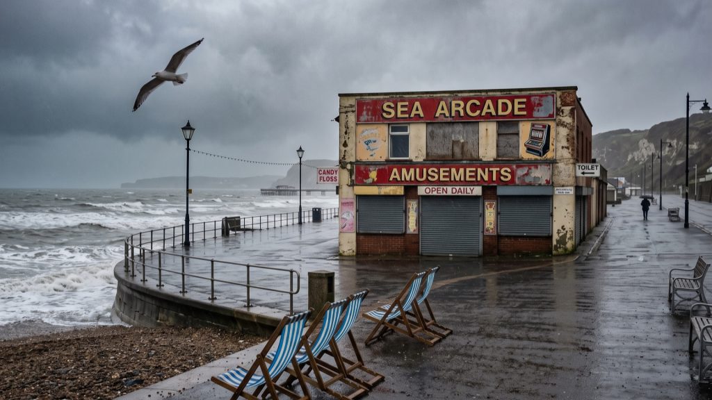 Empty British seaside promenade with a shuttered arcade in the rain