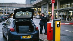 Car at an airport drop-off barrier with a suitcase in the open boot