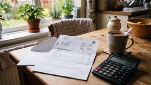 Council tax bill on a kitchen table next to a calculator and mug of tea