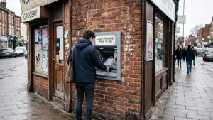 Person withdrawing money from a cash machine on a British high street