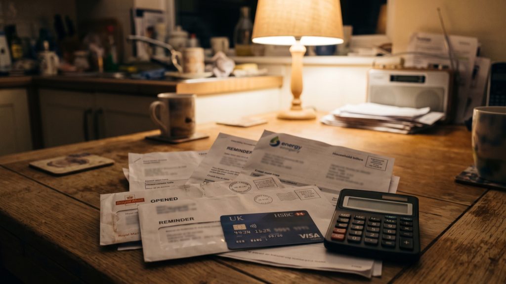 Household bills and a bank card on a kitchen table under lamplight