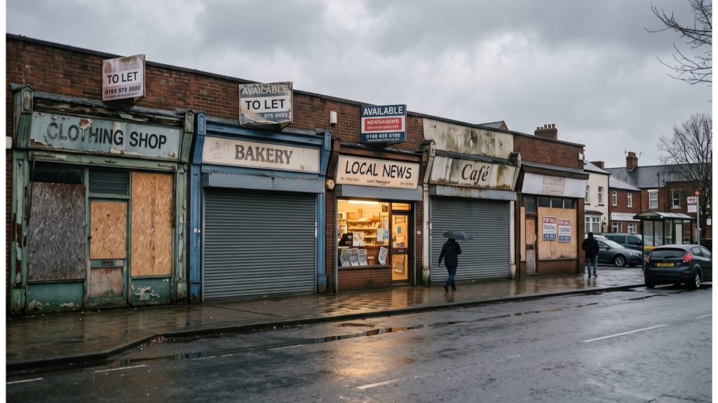 Boarded-up shops with To Let signs on a British high street