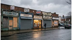 Boarded-up shops with To Let signs on a British high street