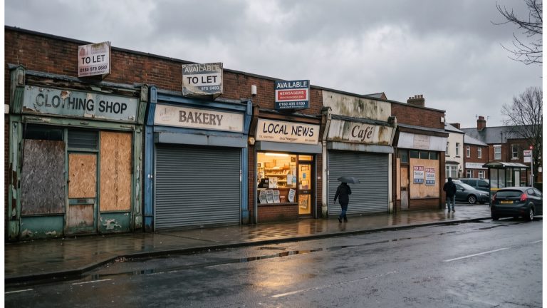 Boarded-up shops with To Let signs on a British high street